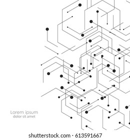 Hexagones genéticos, científicos, canales químicos. Conexión vectorial y red social. Concepto con líneas y puntos.