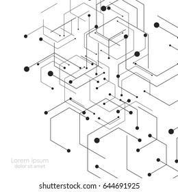 Hexagons genetic, science, chemical carcass. Vector connection and social network. Concept with lines and dots.