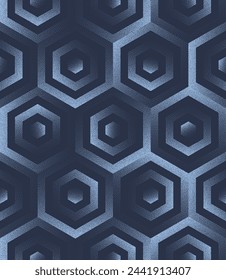 Hexagons Geometric Seamless Pattern Trend Vector Dark Blue Abstract Background. Half Tone Art Illustration for Fancy Textile Print. Repetitive Graphic Hexagonal Abstraction Wallpaper Dot Work Texture