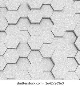 Hexagons honeycomb background abstract science design. Dotwork Frame. Halftone Style Monochrome Gradient Illustration.