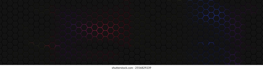 Hexagons honeycomb texture blue neon background, Abstract futuristic technology backdrop banner design, Vector illustration.