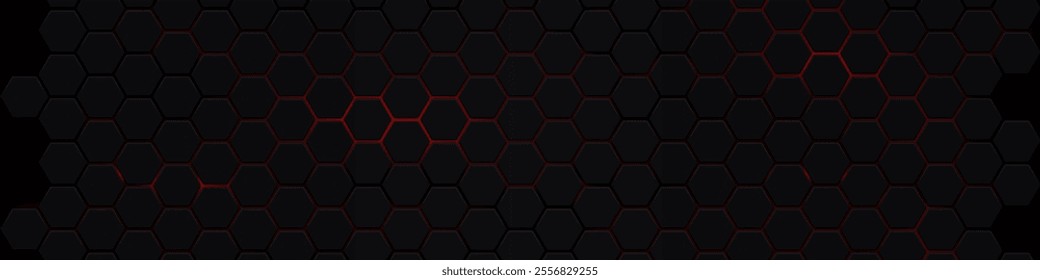 Hexagons honeycomb texture red neon background, Abstract futuristic technology backdrop banner design, Vector illustration.