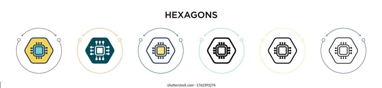 Hexagons Symbol in voller, dünner Linie, Umriss und Strich-Stil. Vektorgrafik von zwei farbigen und schwarzen Hexagons-Vektorsymbolentwürfen kann für mobile, i, web-basierte