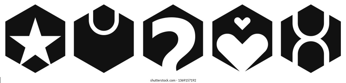 Hexagons with icons in shape of symbols. Black and white icons.