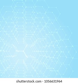 Hexagons of a line and dots on a blue background. Molecular structure. Vector illustration.