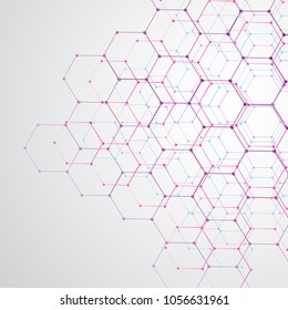 Hexagons of a line and dots on a gray background. Molecular structure. Vector illustration.