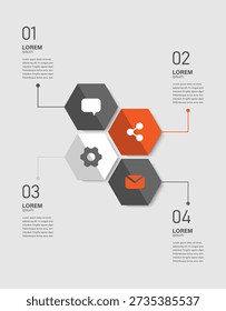 Hexagons modern minimalist design for creating infographics. Four step process vector layout for data visualization.