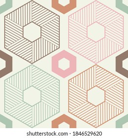 Hexagons. Mosaic with geometric shapes. Seamless pattern. Design with manual hatching. Textile. Ethnic boho ornament. Vector illustration for web design or print.