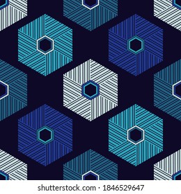 Hexagons. Mosaic with geometric shapes. Seamless pattern. Design with manual hatching. Textile. Ethnic boho ornament. Vector illustration for web design or print.