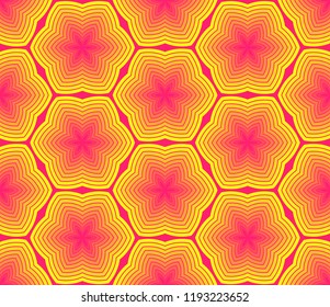 hexagons mosaic with wavy flowers seamless tile in bright orange shades