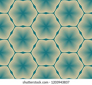 hexagons mosaic with wavy flowers seamless tile in ivory blue shades