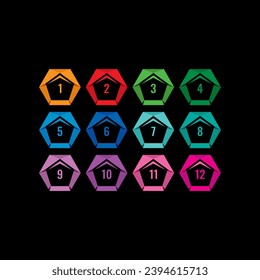 hexagons and numbers 1-12 on black background. numbers 1-12 in hexagons. numbers 1-12 for education, business