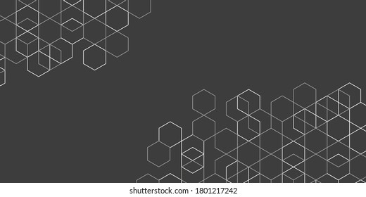 Hexagons on black background.Structure molecule and communication.Geometric rhombuses.Abstract tech.Vector illustration.	