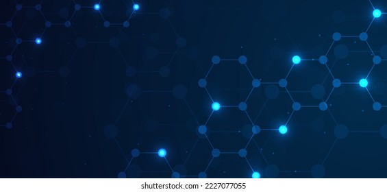 Hexagons pattern blue background. Genetic research, molecular structure. Chemical engineering. Concept of innovation technology. Used for design healthcare, science and medicine background