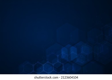 Hexagons pattern on blue background. Genetic research, molecular structure. Chemical engineering. Concept of innovation technology. Used for design healthcare, science and medicine background 