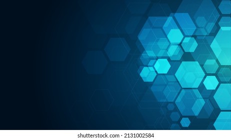 Patrón de hexagons sobre fondo azul. Investigación genética, estructura molecular. Ingeniería química. Concepto de tecnología de innovación. Utilizado para el diseño de la asistencia sanitaria, la ciencia y la medicina