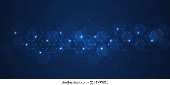 Patrón de hexagons sobre fondo azul. Investigación genética, estructura molecular. Ingeniería química. Concepto de tecnología de innovación. Utilizado para el diseño de la asistencia sanitaria, la ciencia y la medicina 