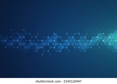 Hexagons pattern on blue background. Genetic research, molecular structure. Chemical engineering. Concept of innovation technology. Used for design healthcare, science and medicine background