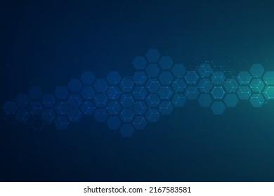 Hexagons pattern on blue background. Genetic research, molecular structure. Chemical engineering. Concept of innovation technology. Used for design healthcare, science and medicine background 