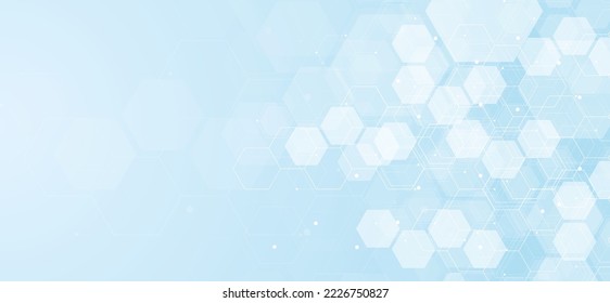 Hexagons pattern on blue background. Genetic research, molecular structure. Chemical engineering. Concept of innovation technology. Used for design healthcare, science and medicine background