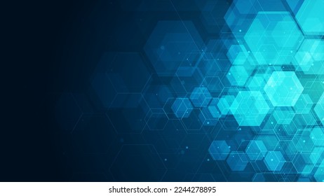 Hexagons pattern on blue background. Genetic research, molecular structure. Chemical engineering. Concept of innovation technology. Used for design healthcare, science and medicine background