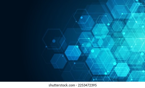 Patrón de hexagons sobre fondo azul. Investigación genética, estructura molecular. Ingeniería química. Concepto de tecnología de innovación. Utilizado para el diseño de la asistencia sanitaria, la ciencia y la medicina