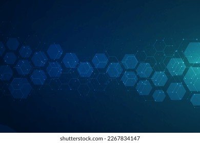 Hexagons pattern on blue background. Genetic research, molecular structure. Chemical engineering. Concept of innovation technology. Used for design healthcare, science and medicine background 