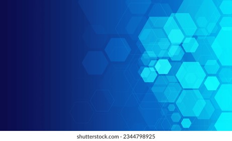 Hexagons pattern on blue background. Genetic research, molecular structure. Chemical engineering. Concept of innovation technology. Used for design healthcare, science and medicine background