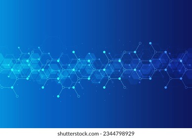 Patrón de hexagons sobre fondo azul. Investigación genética, estructura molecular. Ingeniería química. Concepto de tecnología de innovación. Utilizado para el diseño de la asistencia sanitaria, la ciencia y la medicina