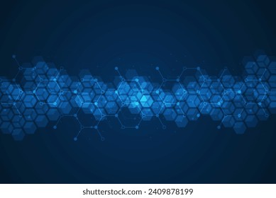 Patrón de hexagons sobre fondo azul. Investigación genética, estructura molecular. Ingeniería química
