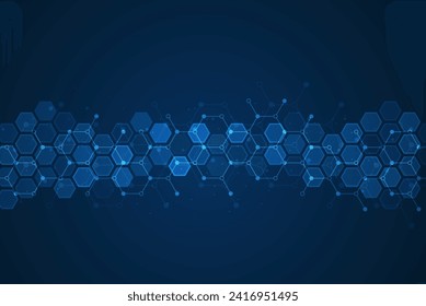 Hexagons pattern on blue background. Genetic research, molecular structure. Chemical engineering. Concept of innovation technology. Used for design healthcare, science and medicine background