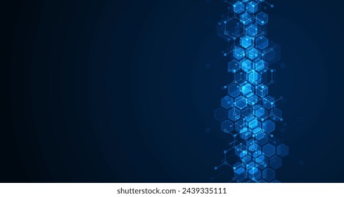 Patrón hexagonal sobre fondo azul. Investigación genética, estructura molecular. La ingeniería química. Concepto de tecnología de innovación. Se utiliza para el diseño de la salud, la ciencia y la medicina