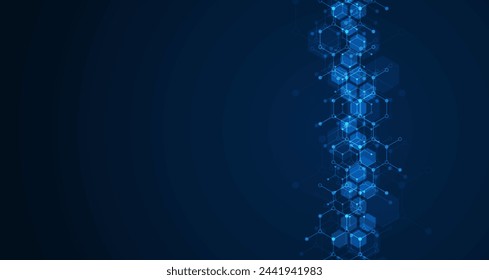 Hexagons pattern on blue background. Genetic research, molecular structure. Chemical engineering. Concept of innovation technology. Used for design healthcare, science and medicine background