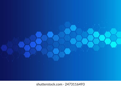 Patrón hexagonal sobre fondo azul. Investigación genética, estructura molecular. La ingeniería química. Concepto de tecnología de innovación. Se utiliza para el diseño de la salud, la ciencia y la medicina 