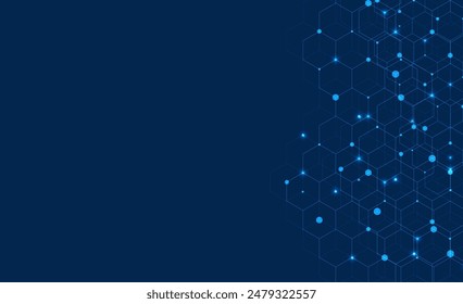 Hexagons pattern on blue background. Genetic research, molecular structure. Chemical engineering. Concept of innovation technology. Used for design healthcare, science and medicine background