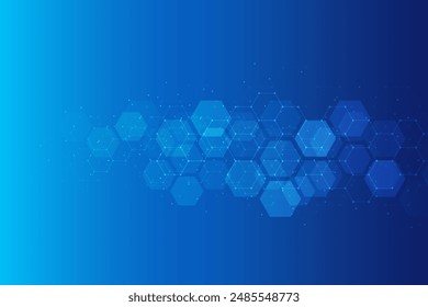Hexagons pattern on blue background. Genetic research, molecular structure. Chemical engineering. Concept of innovation technology. Used for design healthcare, science and medicine background 