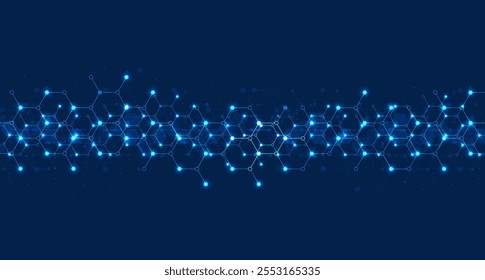 Hexagons pattern on blue background. Genetic research, molecular structure. Chemical engineering. Concept of innovation technology. Used for design healthcare, science and medicine background