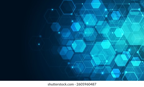 Hexagons pattern on blue background. Genetic research, molecular structure. Chemical engineering. Concept of innovation technology. Used for design healthcare, science and medicine background