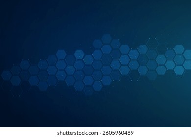 Hexagons pattern on blue background. Genetic research, molecular structure. Chemical engineering. Concept of innovation technology. Used for design healthcare, science and medicine background 
