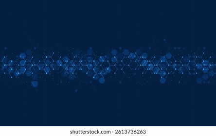Hexagons pattern on blue background. Genetic research, molecular structure. Chemical engineering. Concept of innovation technology. Used for design healthcare, science and medicine background