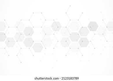 Hexagons pattern on gray background. Genetic research, molecular structure. Chemical engineering. Concept of innovation technology. Used for design healthcare, science and medicine background 