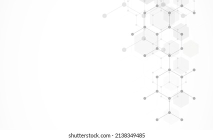 Hexagons pattern on gray background. Genetic research, molecular structure. Chemical engineering. Concept of innovation technology. Used for design healthcare, science and medicine background