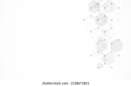 Hexagons pattern on gray background. Genetic research, molecular structure. Chemical engineering. Concept of innovation technology. Used for design healthcare, science and medicine background
