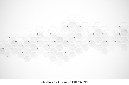 Hexagons pattern on gray background. Genetic research, molecular structure. Chemical engineering. Concept of innovation technology. Used for design healthcare, science and medicine background