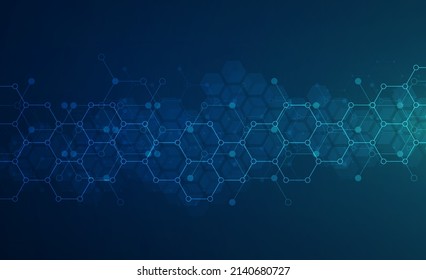 Hexagons pattern on gray background. Genetic research, molecular structure. Chemical engineering. Concept of innovation technology. Used for design healthcare, science and medicine background