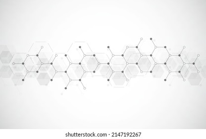 Hexagons pattern on gray background. Genetic research, molecular structure. Chemical engineering. Concept of innovation technology. Used for design healthcare, science and medicine background