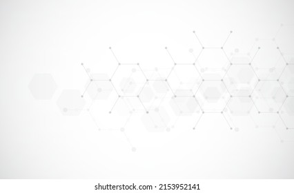 Hexagons pattern on gray background. Genetic research, molecular structure. Chemical engineering. Concept of innovation technology. Used for design healthcare, science and medicine background