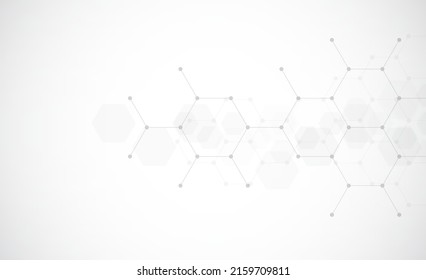 Hexagons pattern on gray background. Genetic research, molecular structure. Chemical engineering. Concept of innovation technology. Used for design healthcare, science and medicine background