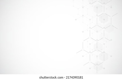 Hexagons Pattern On Gray Background. Genetic Research, Molecular Structure. Chemical Engineering. Concept Of Innovation Technology. Used For Design Healthcare, Science And Medicine Background