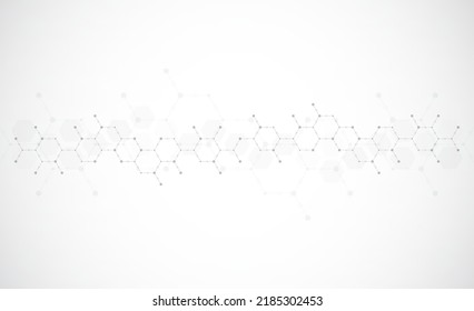 Hexagons pattern on gray background. Genetic research, molecular structure. Chemical engineering. Concept of innovation technology. Used for design healthcare, science and medicine background